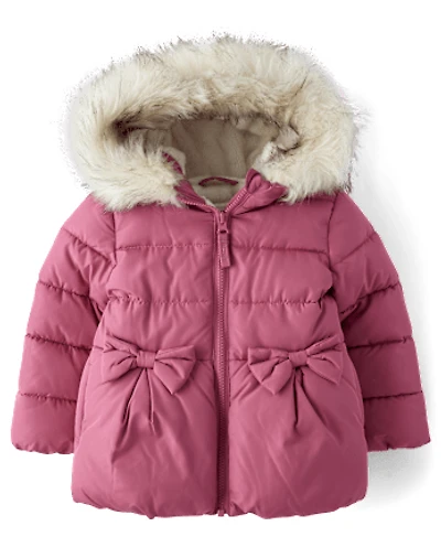 Toddler Girls Bow Faux Fur Lined Bubble Puffer Jacket