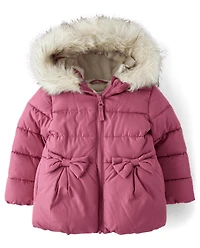 Toddler Girls Bow Faux Fur Lined Bubble Puffer Jacket