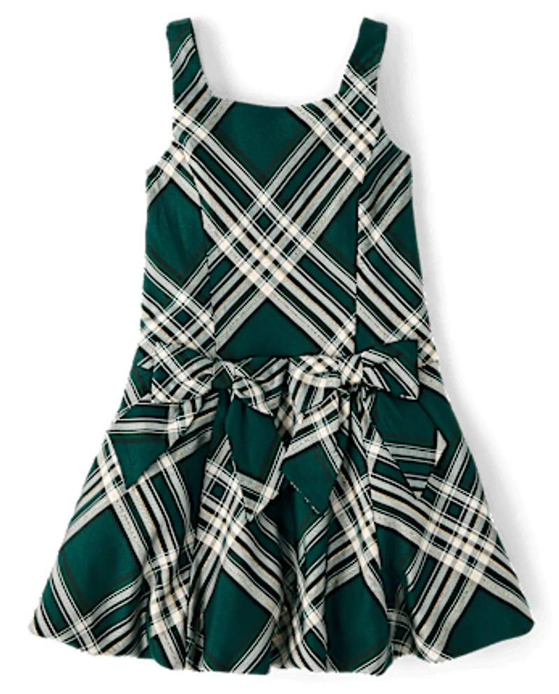 Girls Matching Family Plaid Bow Satin Bubble Dress