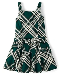 Girls Matching Family Plaid Bow Satin Bubble Dress