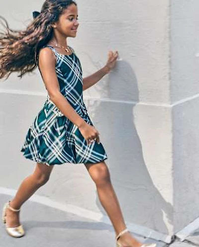 Robe à bulles en satin carreaux et nœud assortis pour filles
