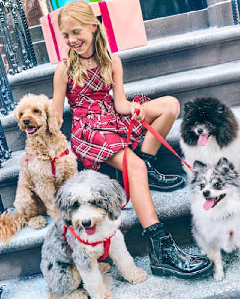 Girls Matching Family Plaid Bow Satin Bubble Dress