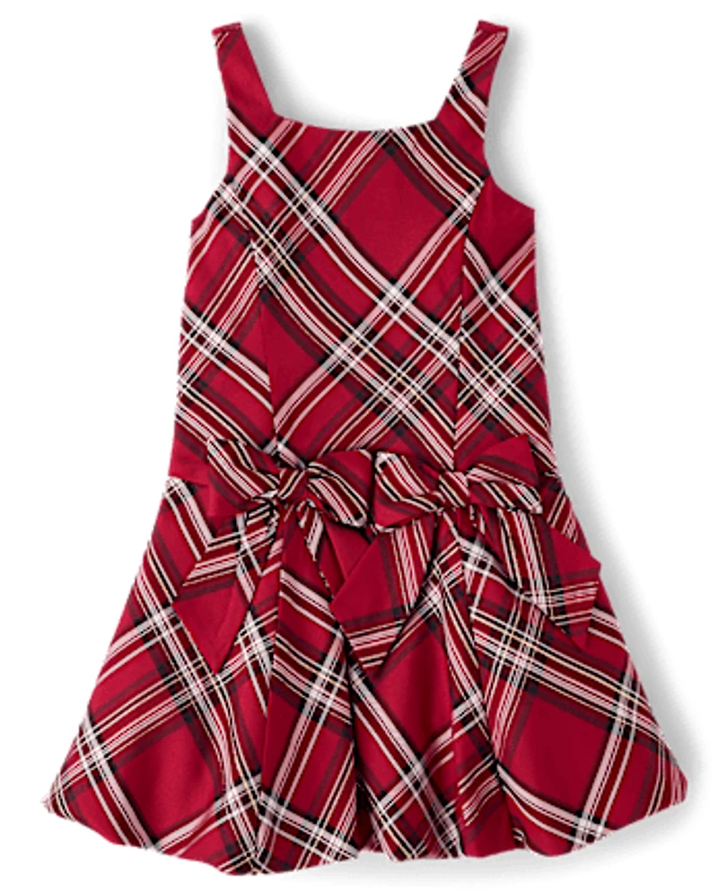 Girls Matching Family Plaid Bow Satin Bubble Dress