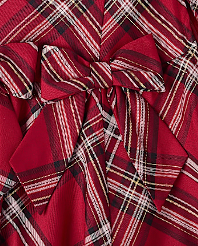 Girls Matching Family Plaid Bow Satin Bubble Dress