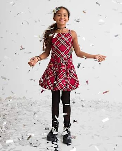 Girls Matching Family Plaid Bow Satin Bubble Dress