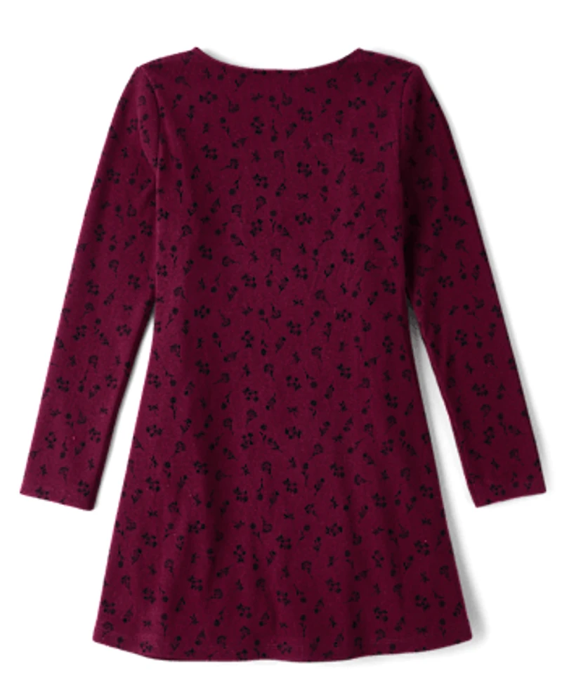 Robe droite côtelée en daim à fleurs pour fille