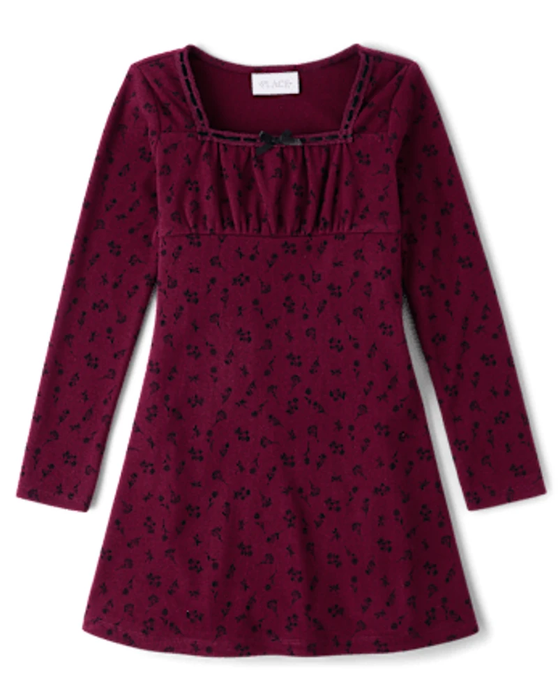 Robe droite côtelée en daim à fleurs pour fille