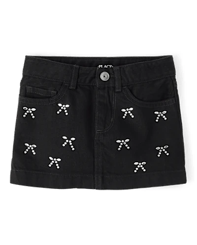 Girls Rhinestone Bow Denim Skirt