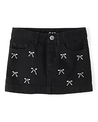 Girls Rhinestone Bow Denim Skirt