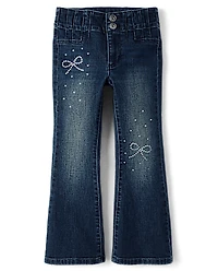 Girls Rhinestone Bow Flare Jeans