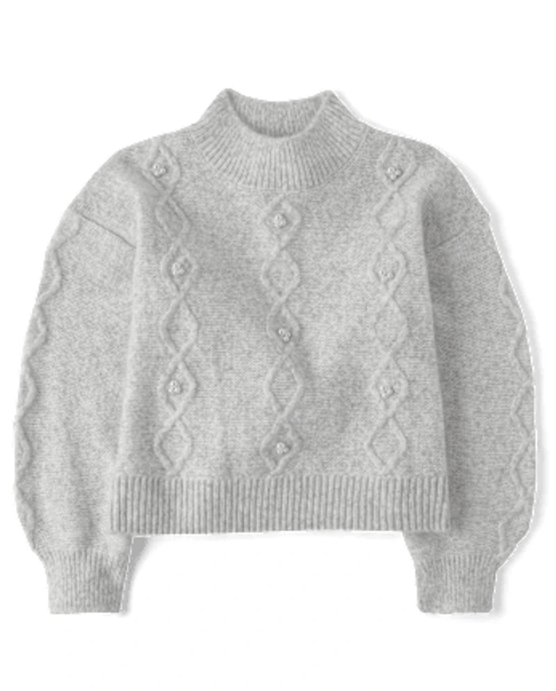 Girls Faux Pearl Cable Knit Cropped Sweater