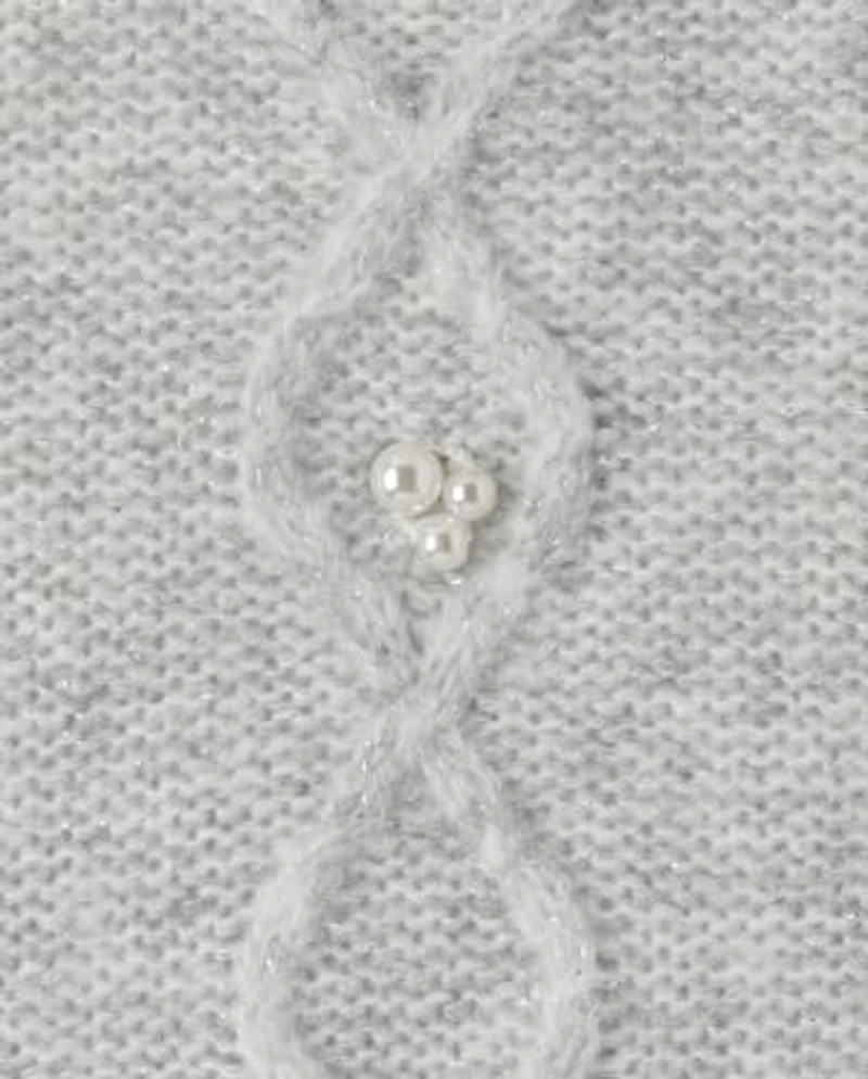 Girls Faux Pearl Cable Knit Cropped Sweater
