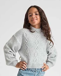 Girls Faux Pearl Cable Knit Cropped Sweater