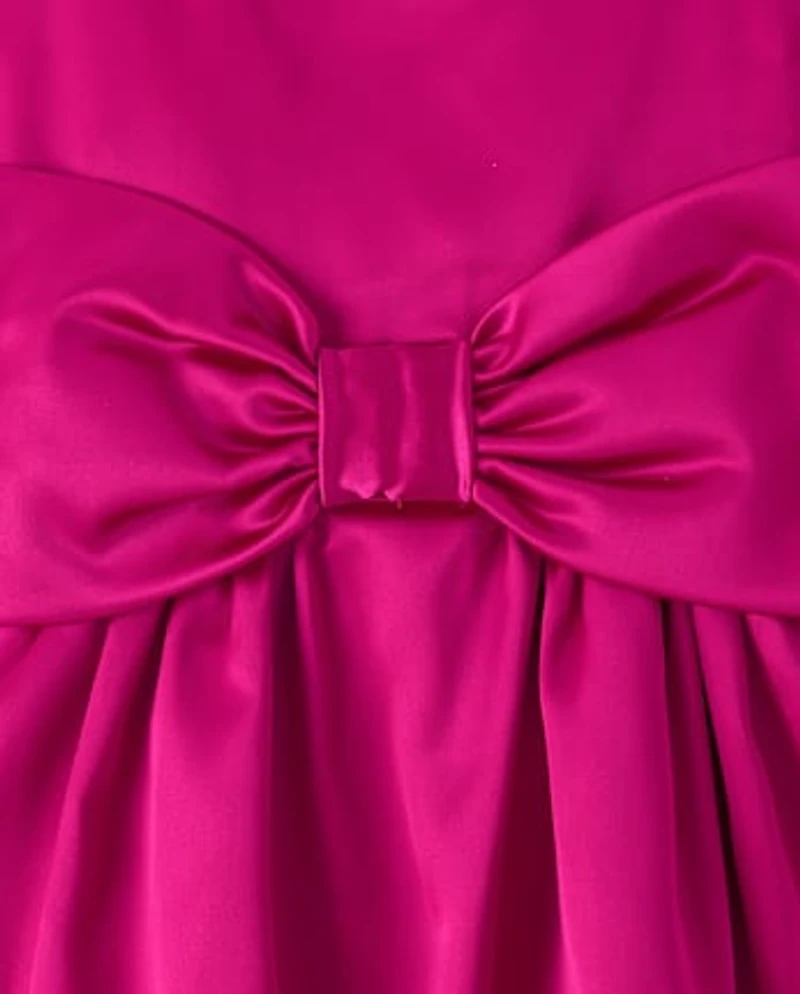 Girls Oversized Bow Satin Fit And Flare Dress