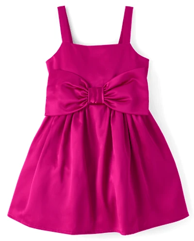 Girls Oversized Bow Satin Fit And Flare Dress