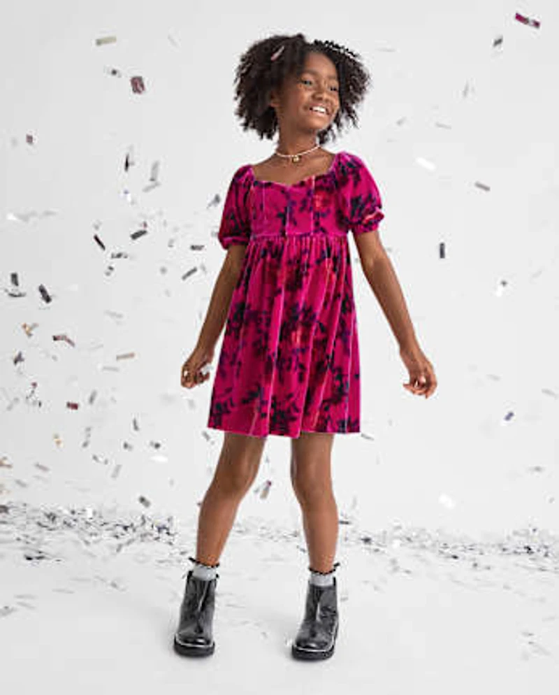 Girls Floral Velour Corset Dress