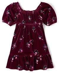 Girls Floral Velour Babydoll Dress