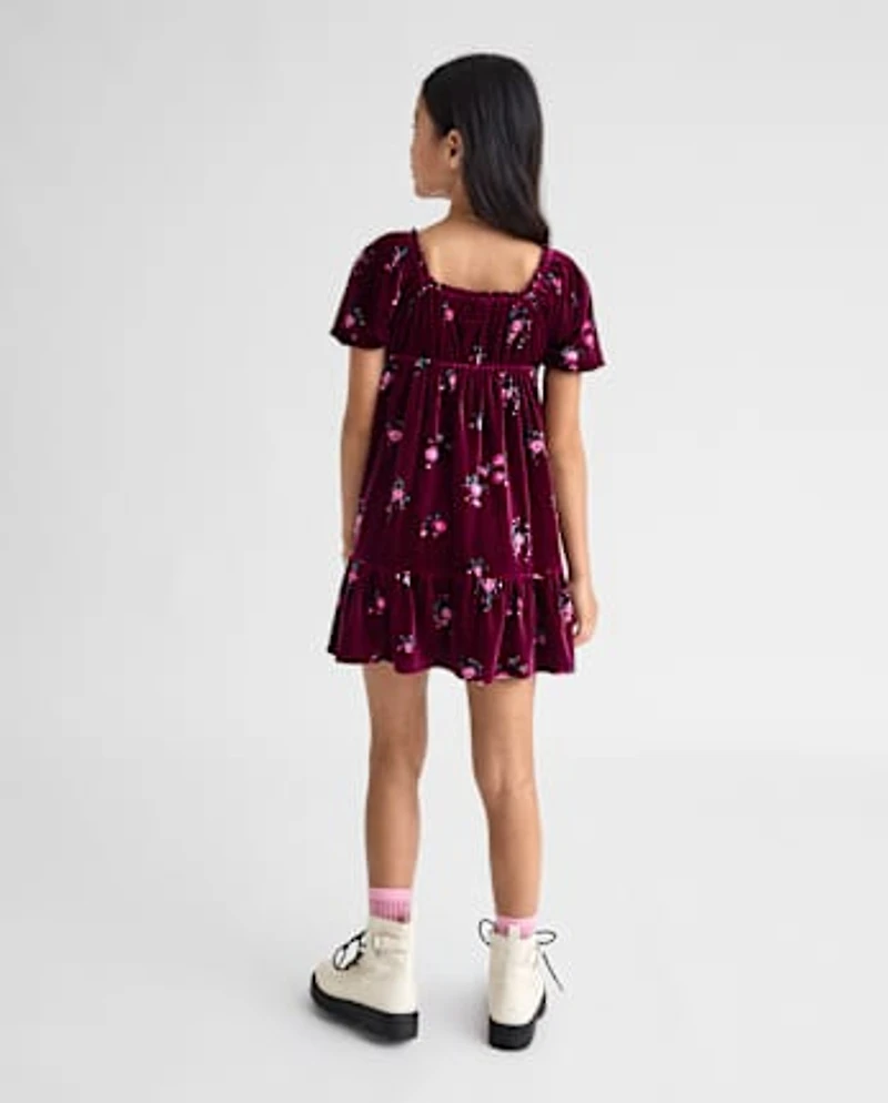 Girls Floral Velour Babydoll Dress