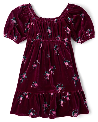 Girls Floral Velour Babydoll Dress