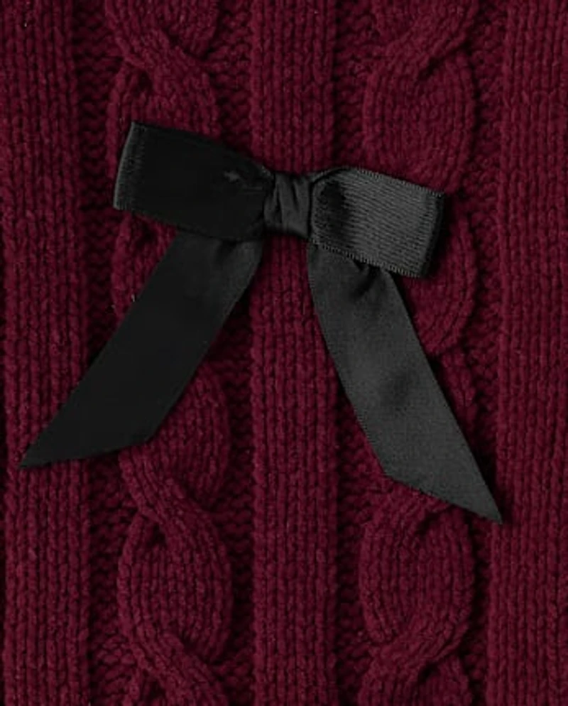 Girls Bow Cable Knit Chenille Sweater