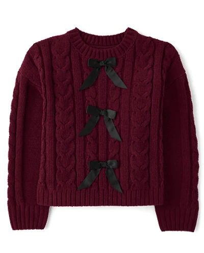Girls Bow Cable Knit Chenille Sweater
