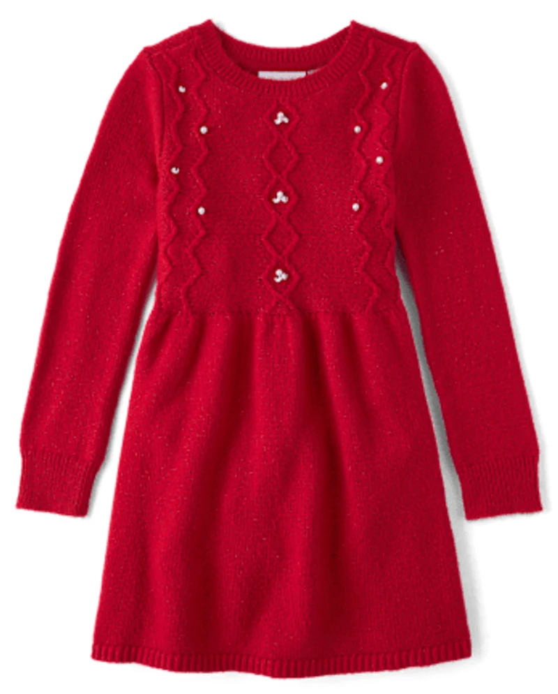 Girls Faux Pearl Cable Knit Sweater Dress