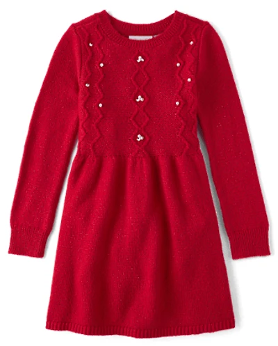 Girls Faux Pearl Cable Knit Sweater Dress