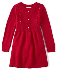 Girls Faux Pearl Cable Knit Sweater Dress