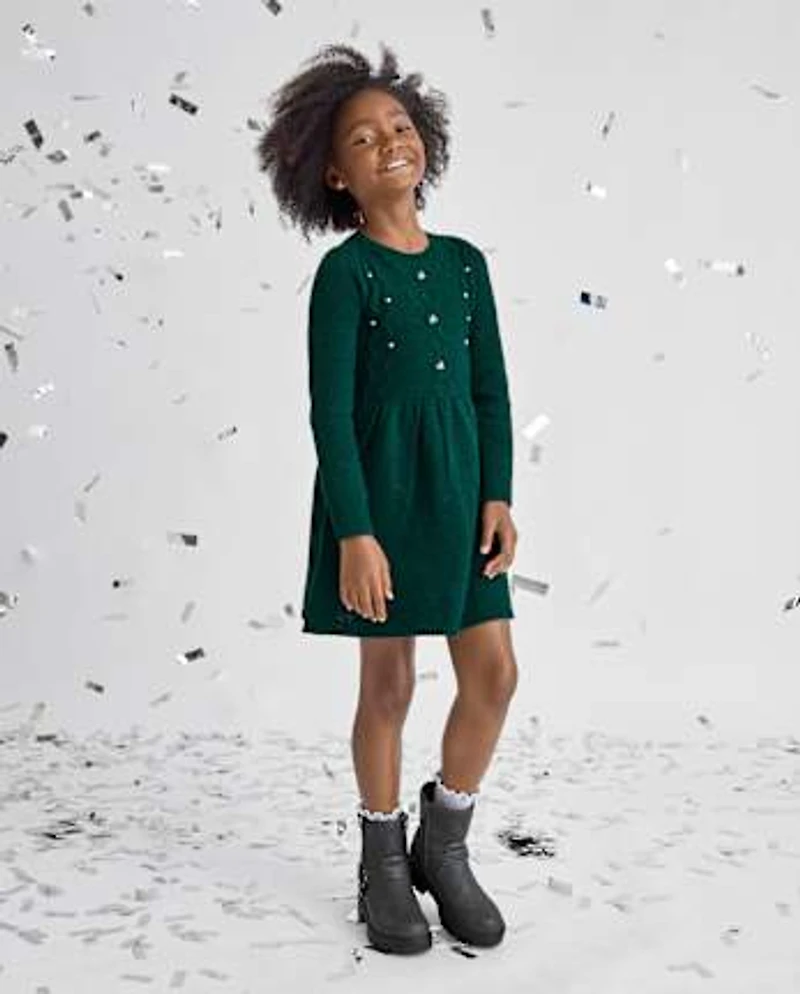 Girls Faux Pearl Cable Knit Sweater Dress