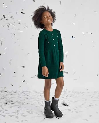 Girls Faux Pearl Cable Knit Sweater Dress
