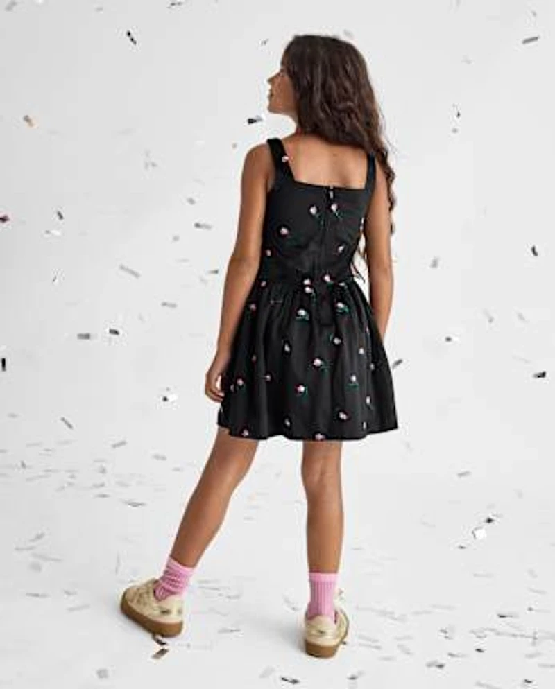 Girls Embroidered Floral Velour V-Waist Dress