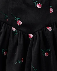 Girls Embroidered Floral Velour V-Waist Dress