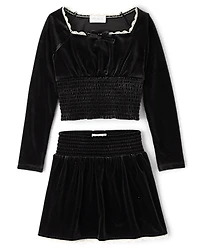 Ensemble 2 pièces en velours à smocks pour fille