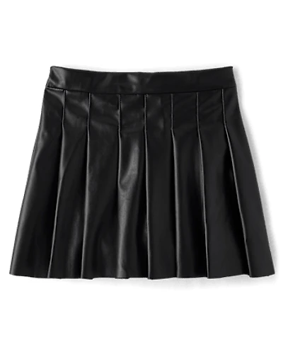 Girls Pleated Faux Leather Skirt
