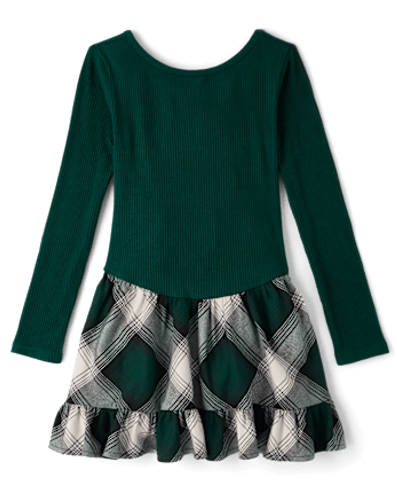 Girls Plaid Ribbed Drop Waist Dress