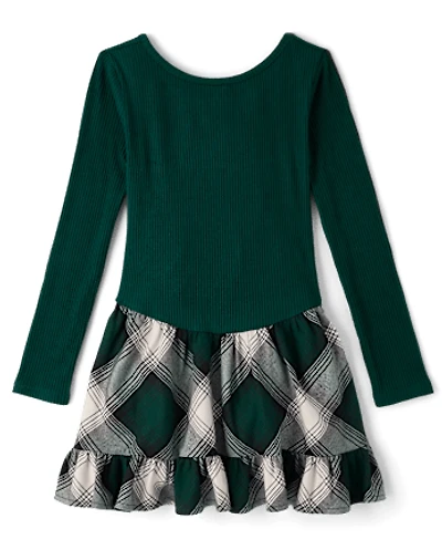 Girls Plaid Ribbed Drop Waist Dress