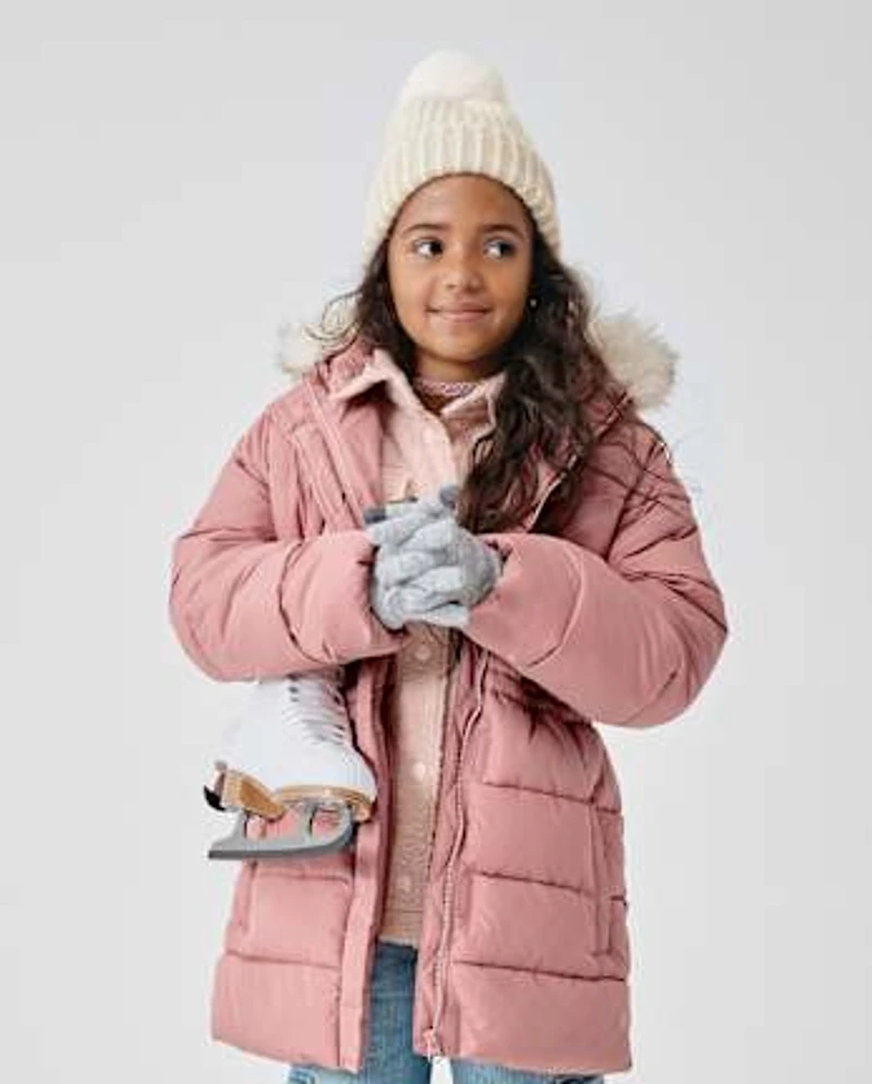 Girls Faux Fur Lined Mid Length Puffer Jacket