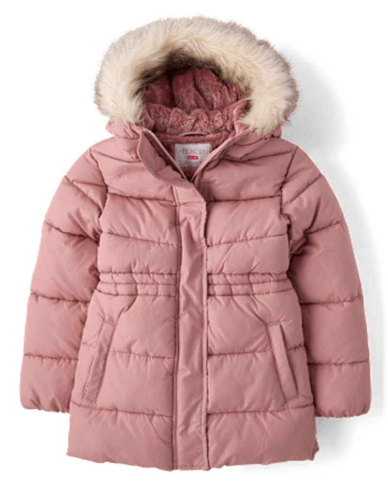 Girls Faux Fur Lined Mid Length Puffer Jacket