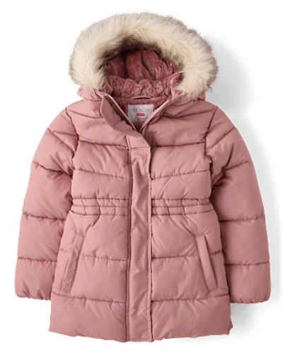 Girls Faux Fur Lined Mid Length Puffer Jacket
