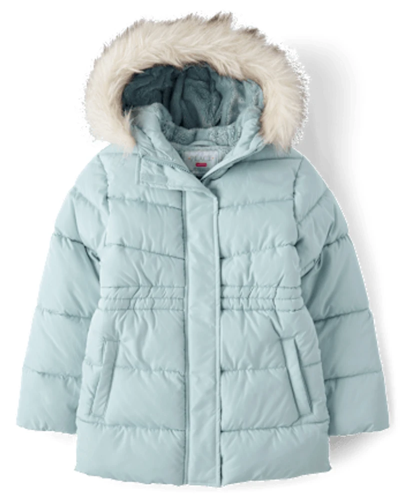 Girls Faux Fur Lined Mid Length Puffer Jacket
