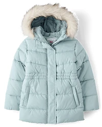 Girls Faux Fur Lined Mid Length Puffer Jacket