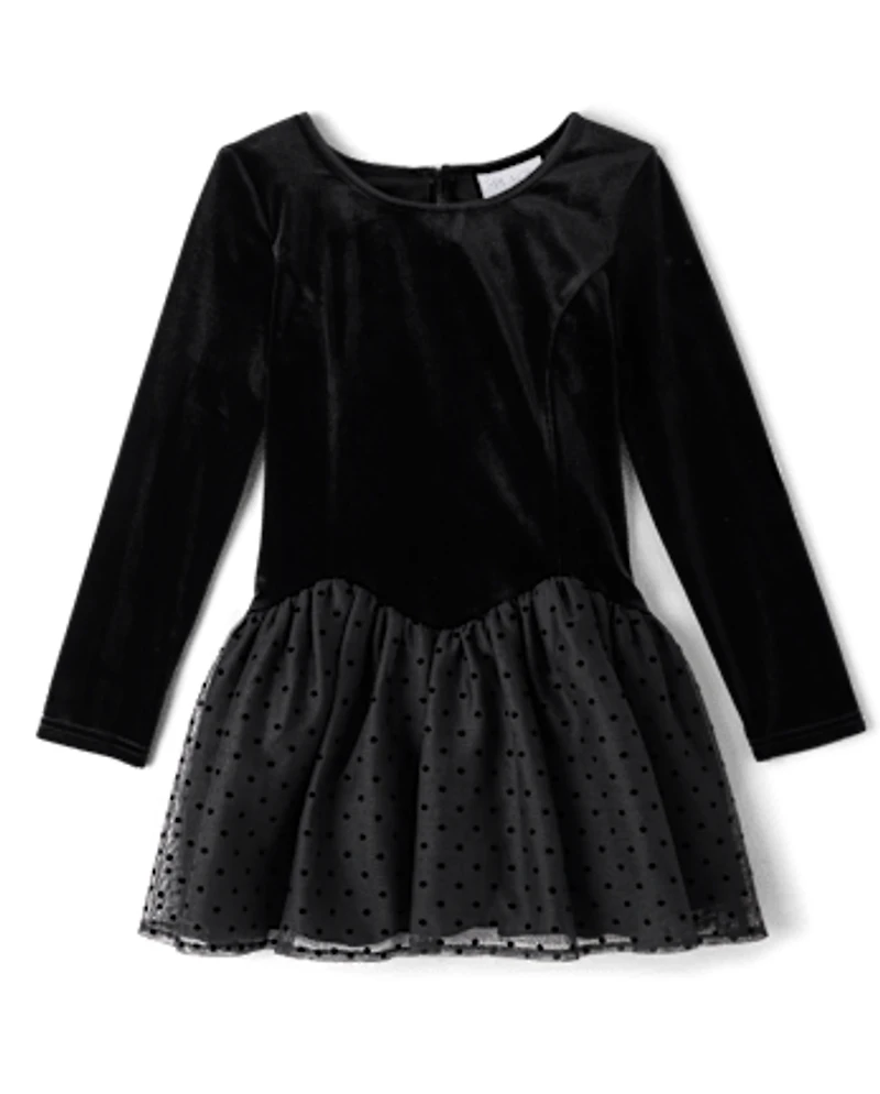 Girls Flocked Polka Dot Drop Waist Tutu Dress