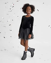 Girls Flocked Polka Dot Drop Waist Tutu Dress