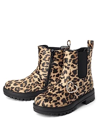 Girls Leopard Heart Chelsea Boots