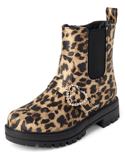 Girls Leopard Heart Chelsea Boots