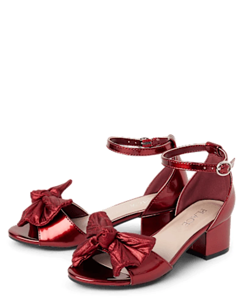 Girls Metallic Bow Block Heels