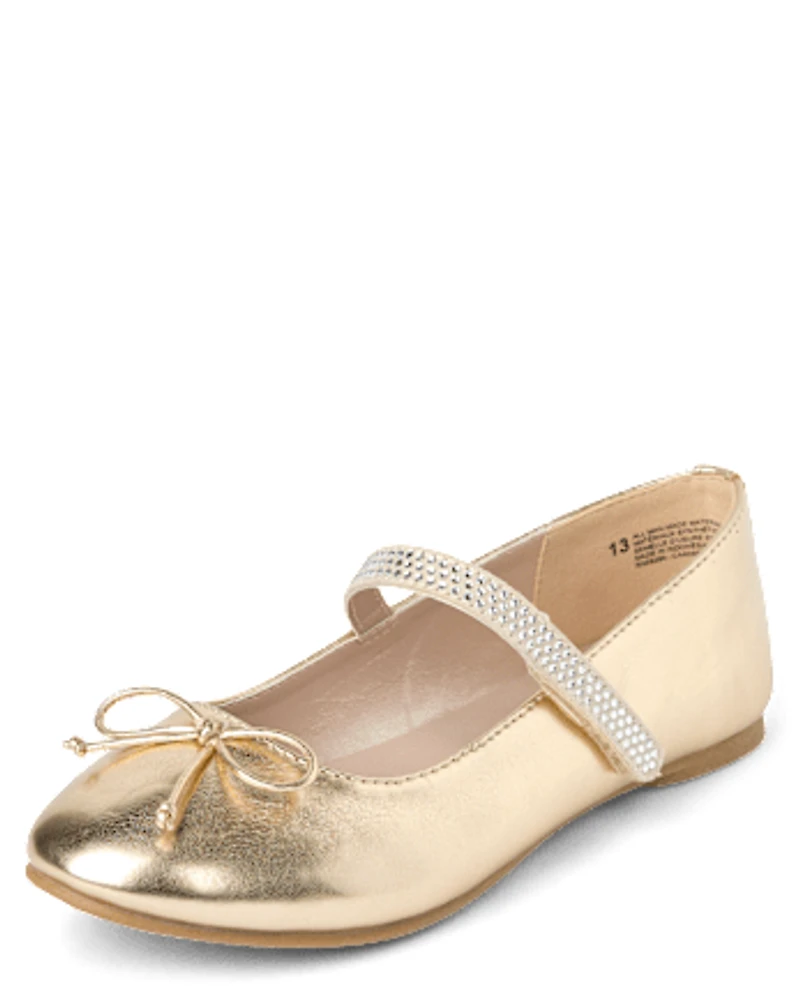 Girls Metallic Rhinestone Ballet Flats