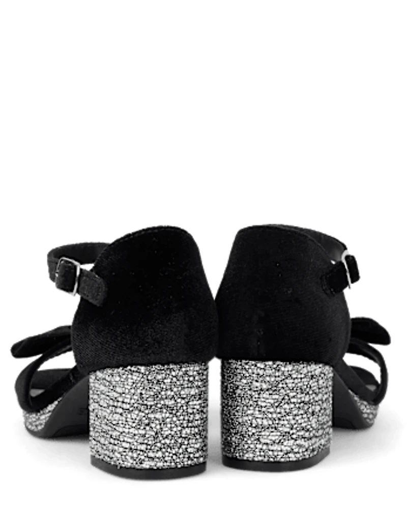 Girls Glitter Velvet Platform Block Heels