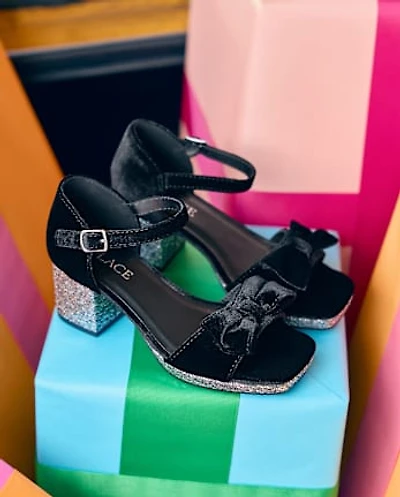 Girls Glitter Velvet Platform Block Heels