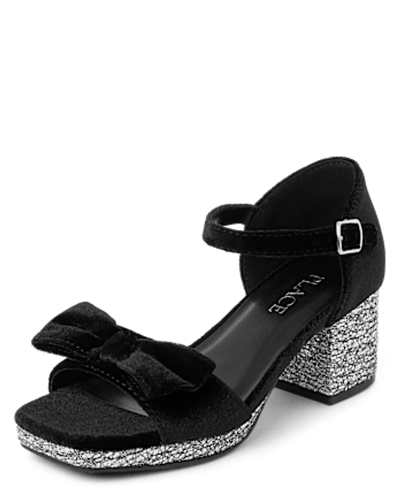 Girls Glitter Velvet Platform Block Heels